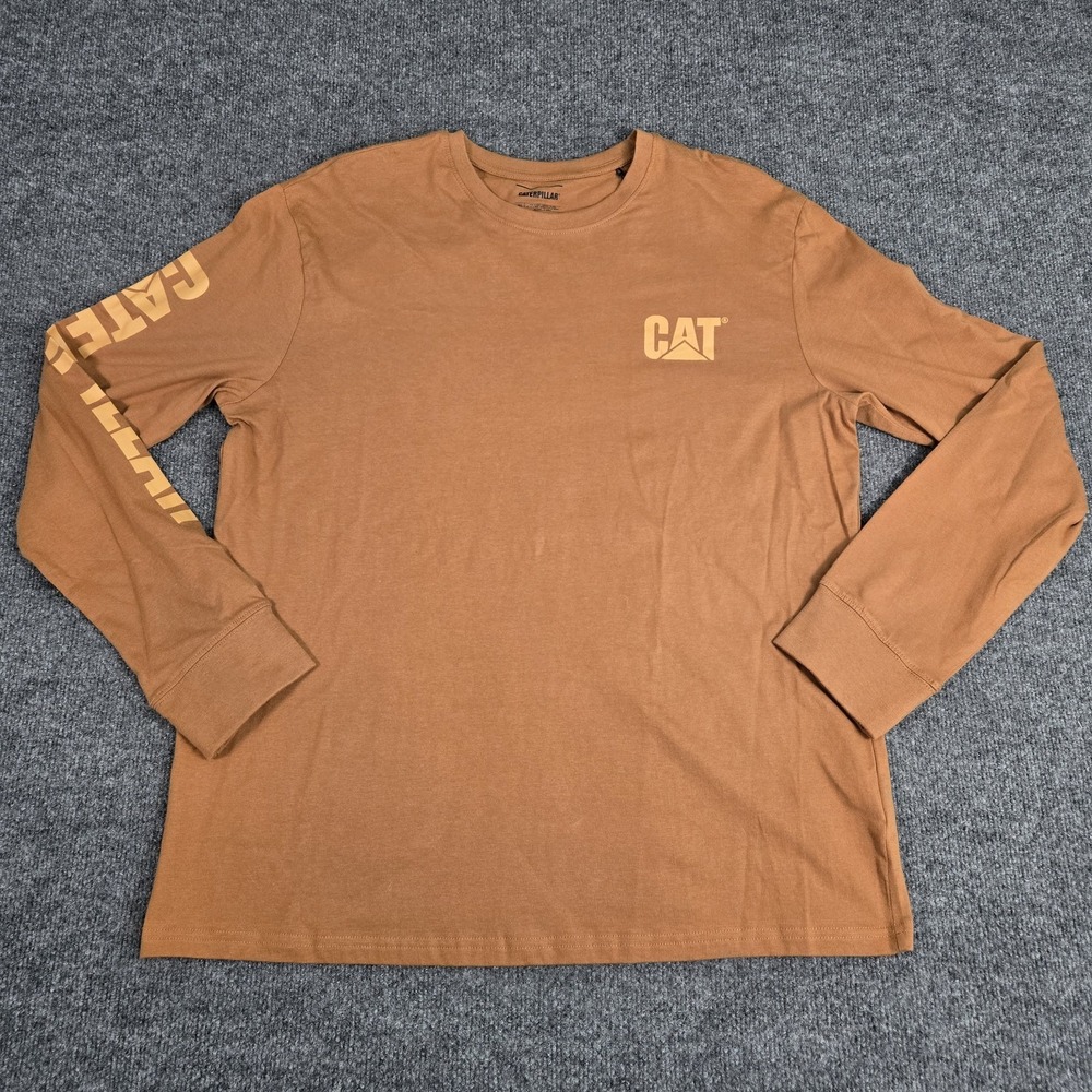 CAT Caterpillar Banner Long Sleeve T-Shirt Mens XL Bronze Brown Logo Cotton NWT